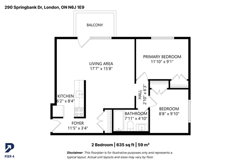 Floor plan for 2 beds, 1 bath, 635 sqft